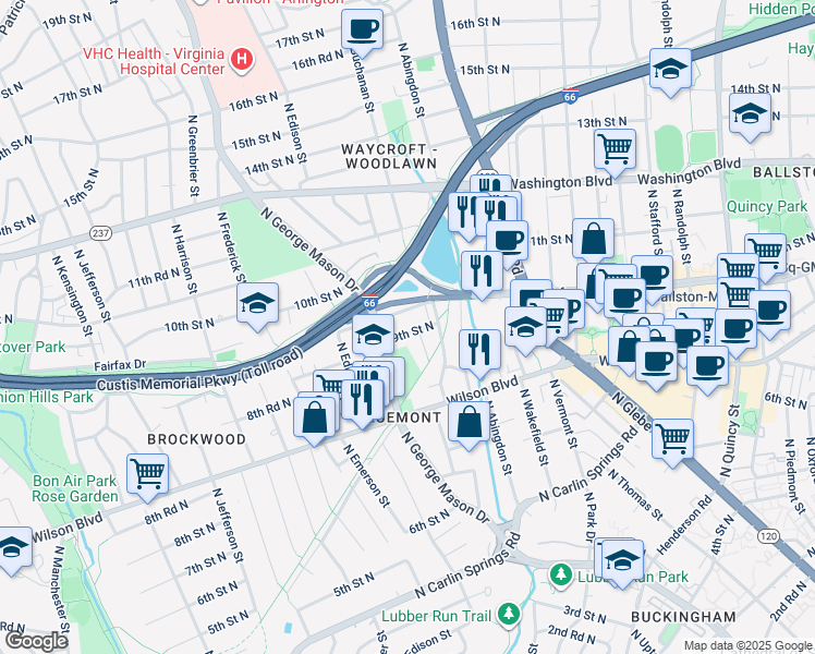 map of restaurants, bars, coffee shops, grocery stores, and more near 4829 9th Street North in Arlington