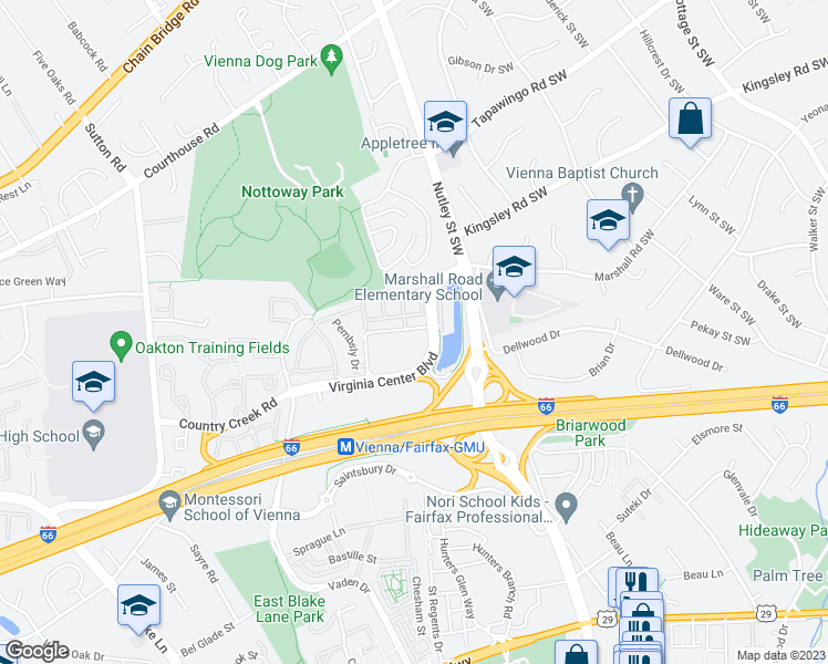 map of restaurants, bars, coffee shops, grocery stores, and more near 9480 Virginia Center Boulevard in Vienna