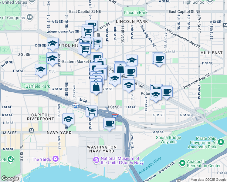 map of restaurants, bars, coffee shops, grocery stores, and more near 925 G Street Southeast in Washington