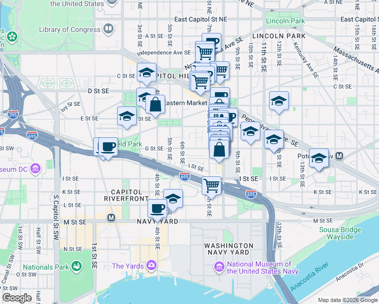 map of restaurants, bars, coffee shops, grocery stores, and more near 101 Independence Avenue Southeast in Washington