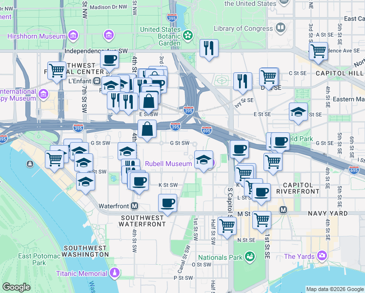 map of restaurants, bars, coffee shops, grocery stores, and more near 101 Independence Avenue Southeast in Washington
