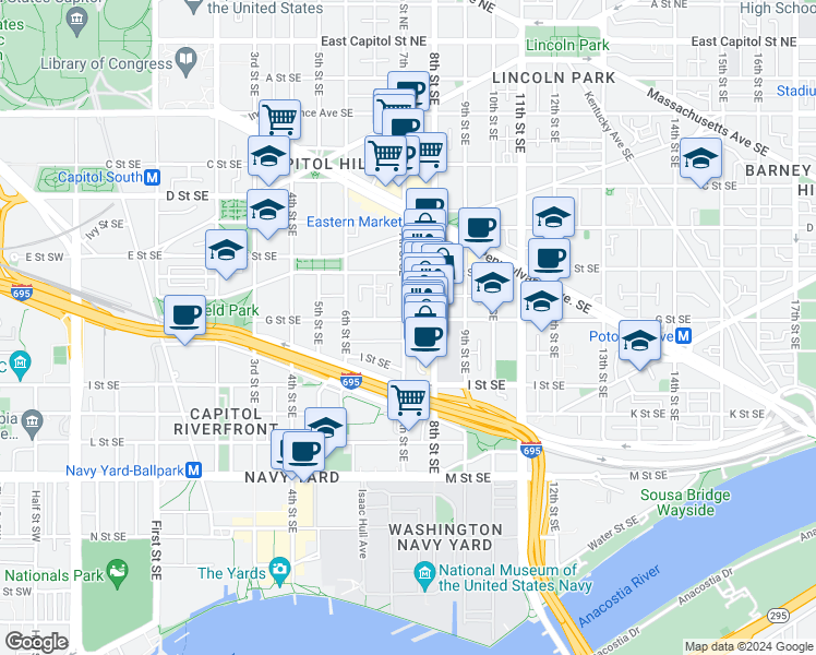 map of restaurants, bars, coffee shops, grocery stores, and more near 700 7th Street Southeast in Washington