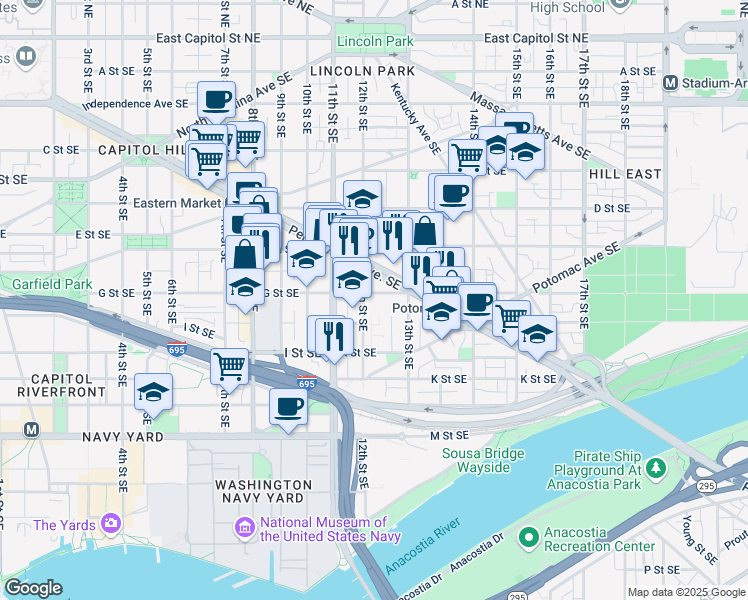 map of restaurants, bars, coffee shops, grocery stores, and more near 1211 G Street Southeast in Washington