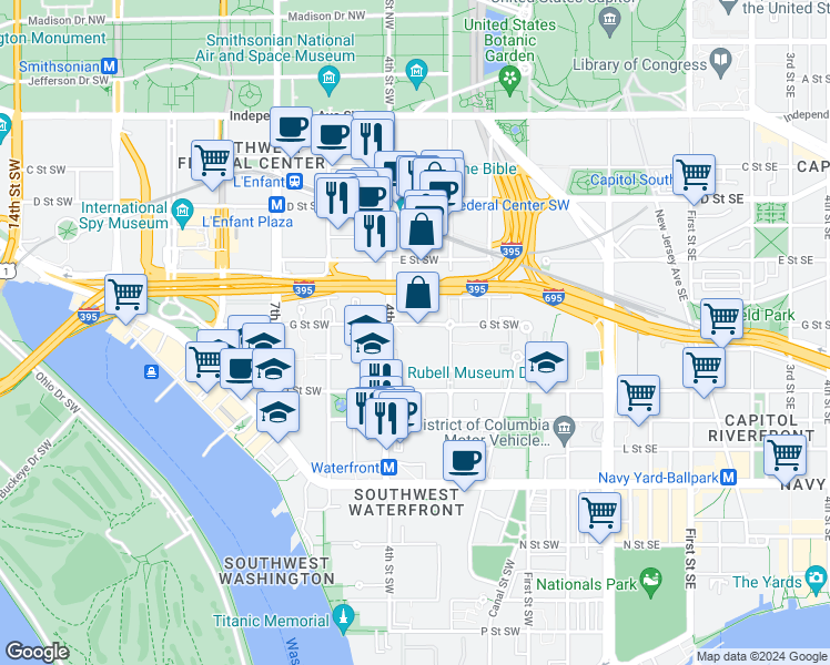 map of restaurants, bars, coffee shops, grocery stores, and more near 101 Independence Avenue Southeast in Washington