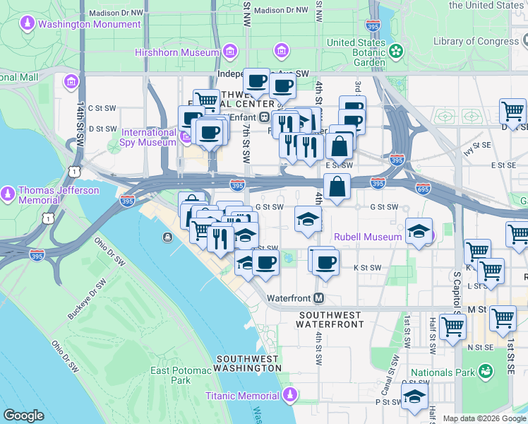 map of restaurants, bars, coffee shops, grocery stores, and more near 101 Independence Avenue Southeast in Washington