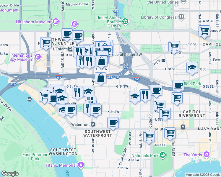 map of restaurants, bars, coffee shops, grocery stores, and more near 726 3rd Street Southwest in Washington