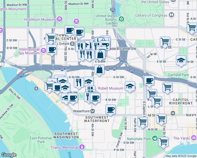 map of restaurants, bars, coffee shops, grocery stores, and more near 350 G Street Southwest in Washington