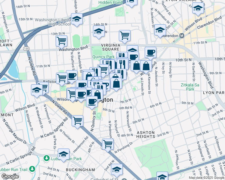 map of restaurants, bars, coffee shops, grocery stores, and more near 3821 Wilson Boulevard in Arlington