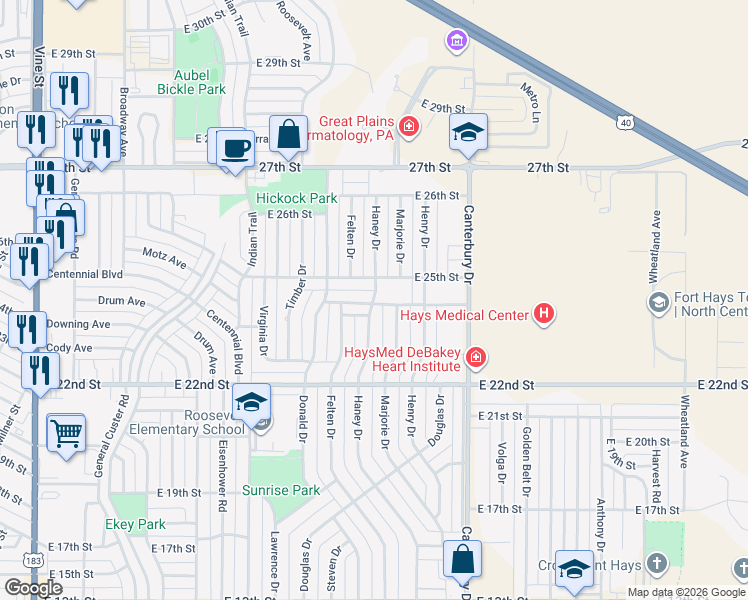 map of restaurants, bars, coffee shops, grocery stores, and more near 1900 East 25th Street in Hays