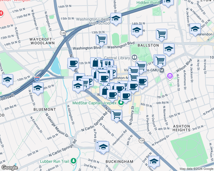 map of restaurants, bars, coffee shops, grocery stores, and more near 901 North Stuart Street in Arlington