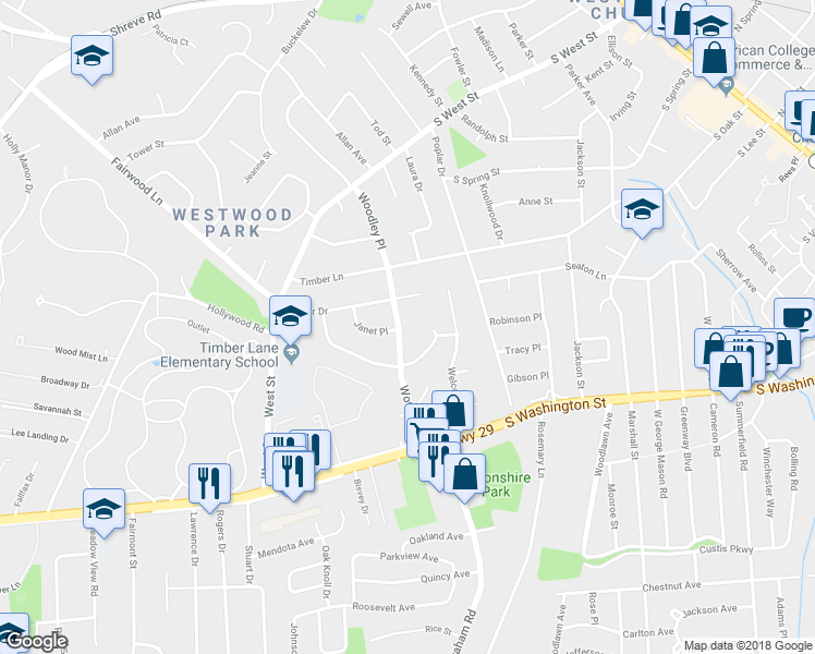 map of restaurants, bars, coffee shops, grocery stores, and more near 2709 Woodley Place in Falls Church