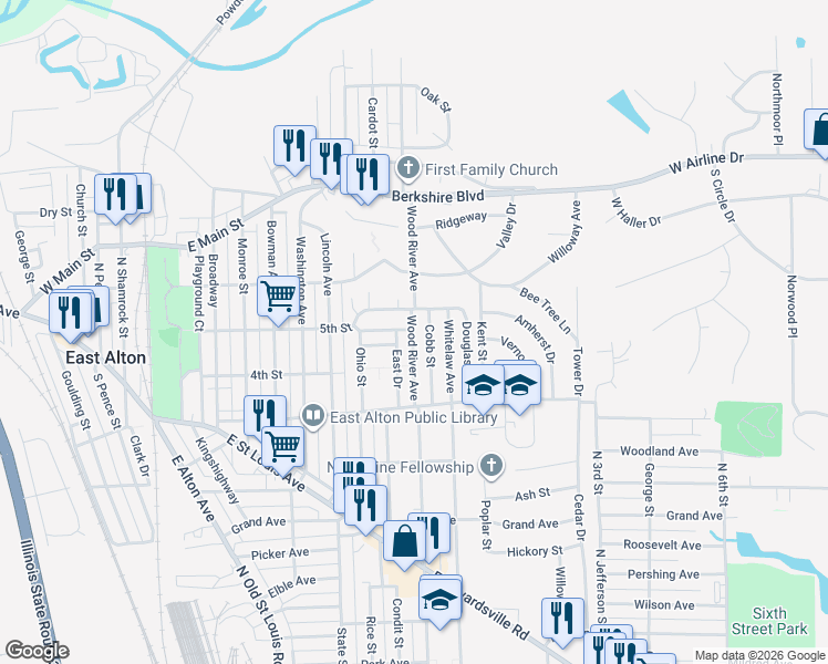 map of restaurants, bars, coffee shops, grocery stores, and more near 424 Wood River Avenue in East Alton