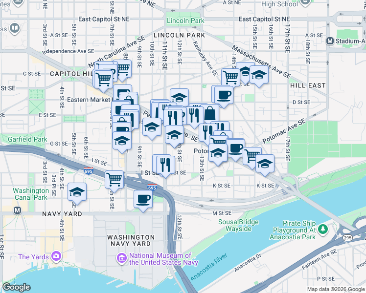 map of restaurants, bars, coffee shops, grocery stores, and more near 101 Independence Avenue Southeast in Washington