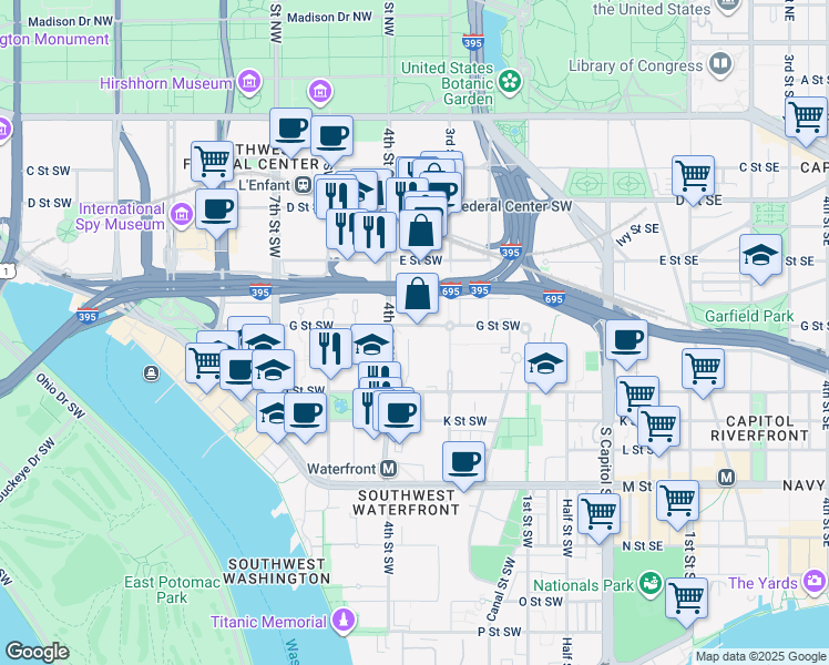 map of restaurants, bars, coffee shops, grocery stores, and more near 350 G Street Southwest in Washington