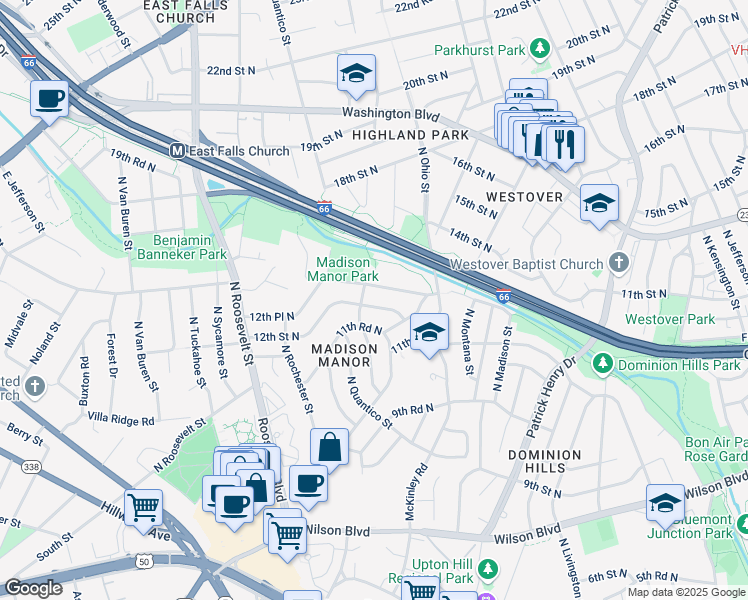 map of restaurants, bars, coffee shops, grocery stores, and more near 6157 12th Street North in Arlington