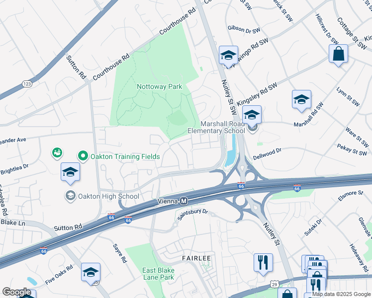map of restaurants, bars, coffee shops, grocery stores, and more near 2719 Pembsly Drive in Vienna