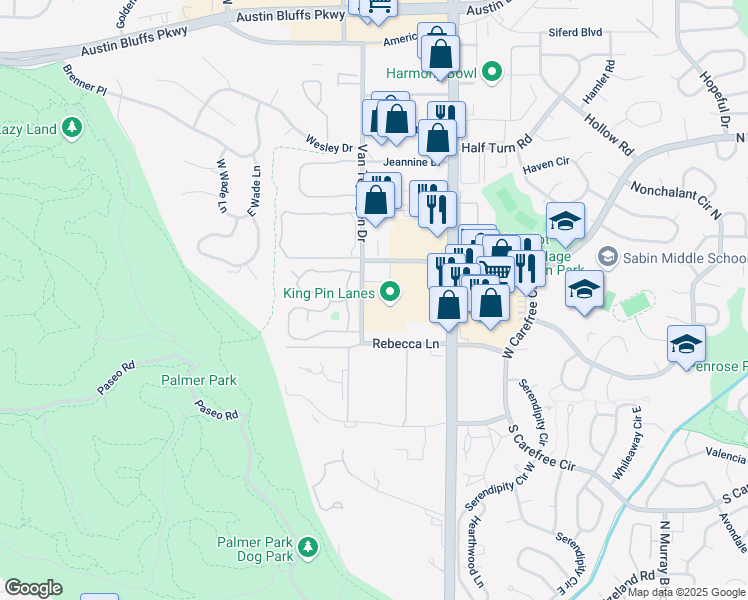map of restaurants, bars, coffee shops, grocery stores, and more near 3425 Van Teylingen Drive in Colorado Springs