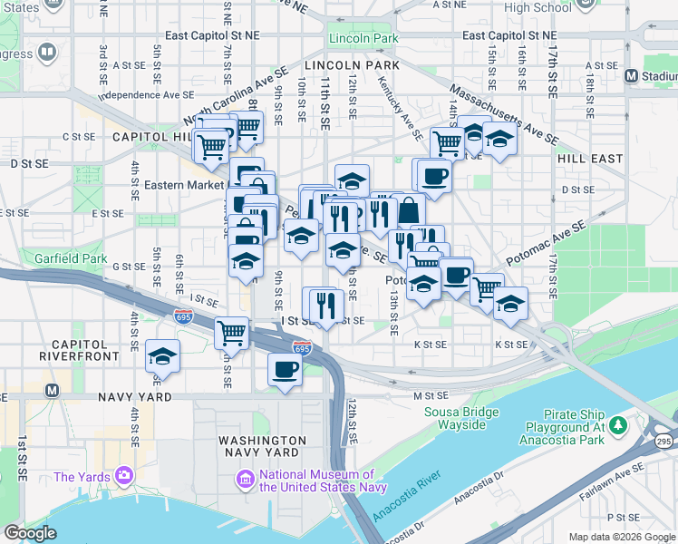 map of restaurants, bars, coffee shops, grocery stores, and more near 101 Independence Avenue Southeast in Washington