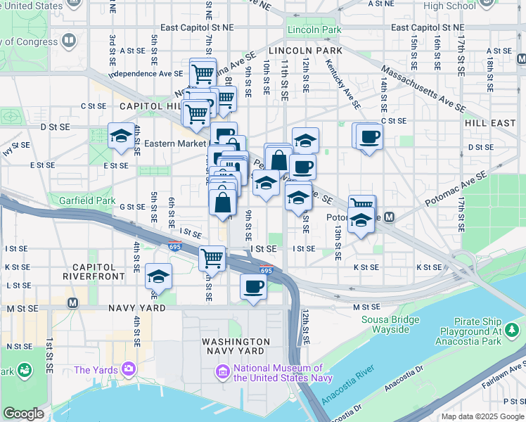 map of restaurants, bars, coffee shops, grocery stores, and more near 925 G Street Southeast in Washington