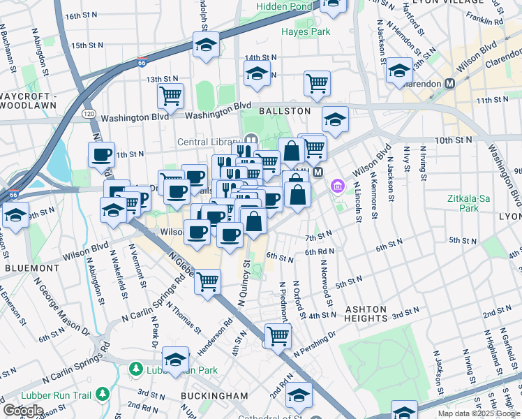 map of restaurants, bars, coffee shops, grocery stores, and more near 880 North Pollard Street in Arlington