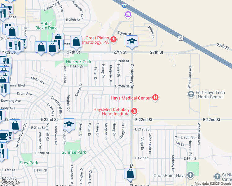 map of restaurants, bars, coffee shops, grocery stores, and more near 2401 Henry Drive in Hays