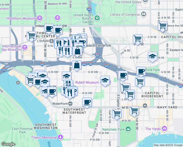 map of restaurants, bars, coffee shops, grocery stores, and more near 101 Independence Avenue Southeast in Washington