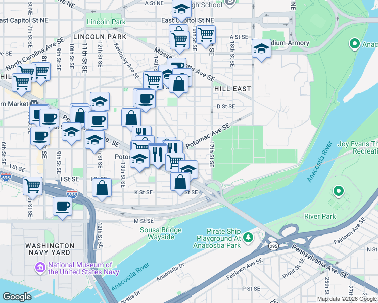 map of restaurants, bars, coffee shops, grocery stores, and more near 101 Independence Avenue Southeast in Washington
