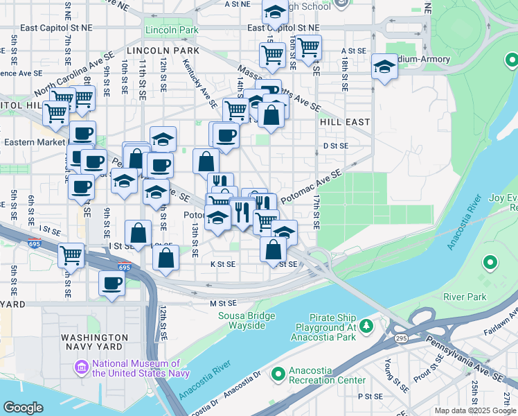 map of restaurants, bars, coffee shops, grocery stores, and more near 101 Independence Avenue Southeast in Washington