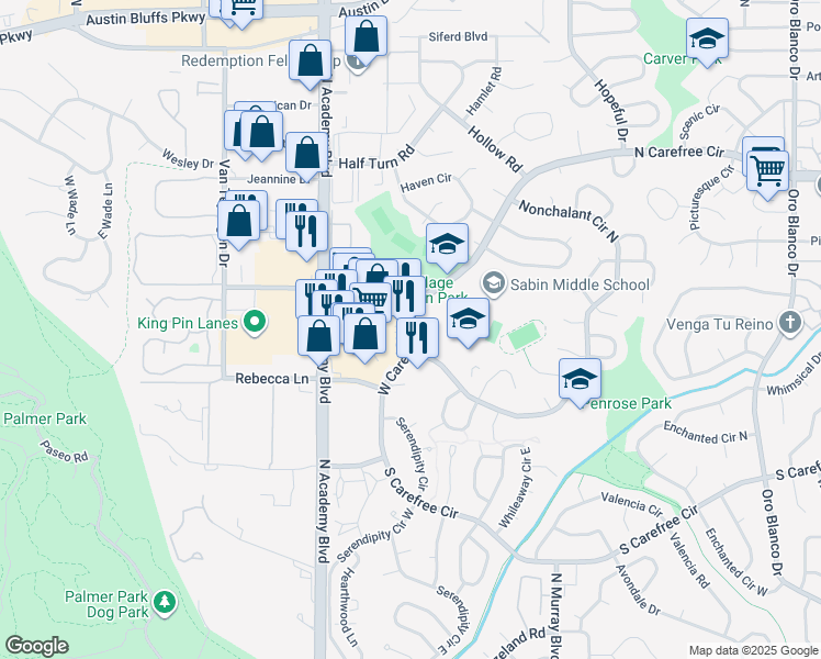 map of restaurants, bars, coffee shops, grocery stores, and more near 3589 North Carefree Circle in Colorado Springs