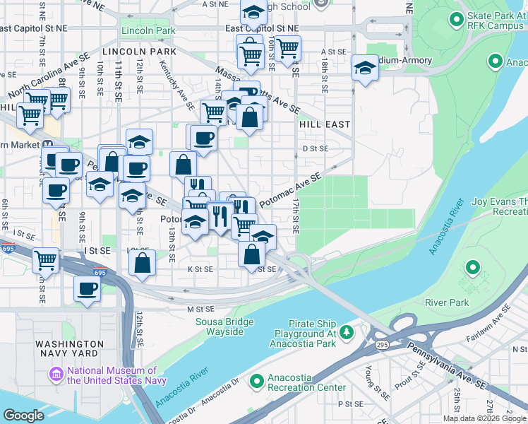 map of restaurants, bars, coffee shops, grocery stores, and more near 101 Independence Avenue Southeast in Washington