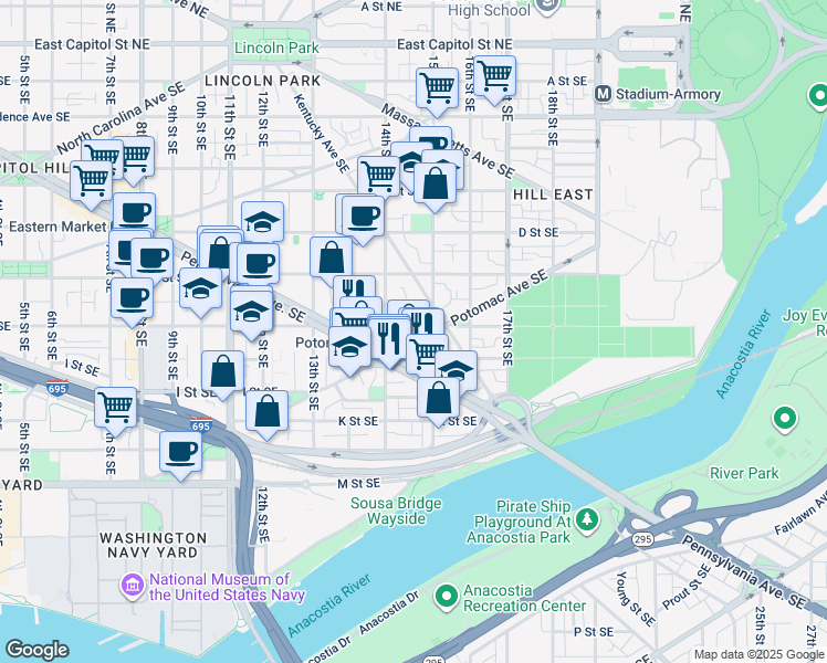 map of restaurants, bars, coffee shops, grocery stores, and more near 101 Independence Avenue Southeast in Washington