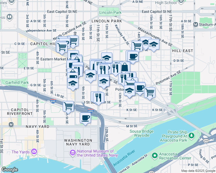 map of restaurants, bars, coffee shops, grocery stores, and more near 101 Independence Avenue Southeast in Washington