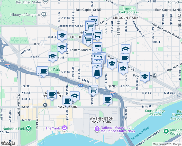 map of restaurants, bars, coffee shops, grocery stores, and more near 101 Independence Avenue Southeast in Washington