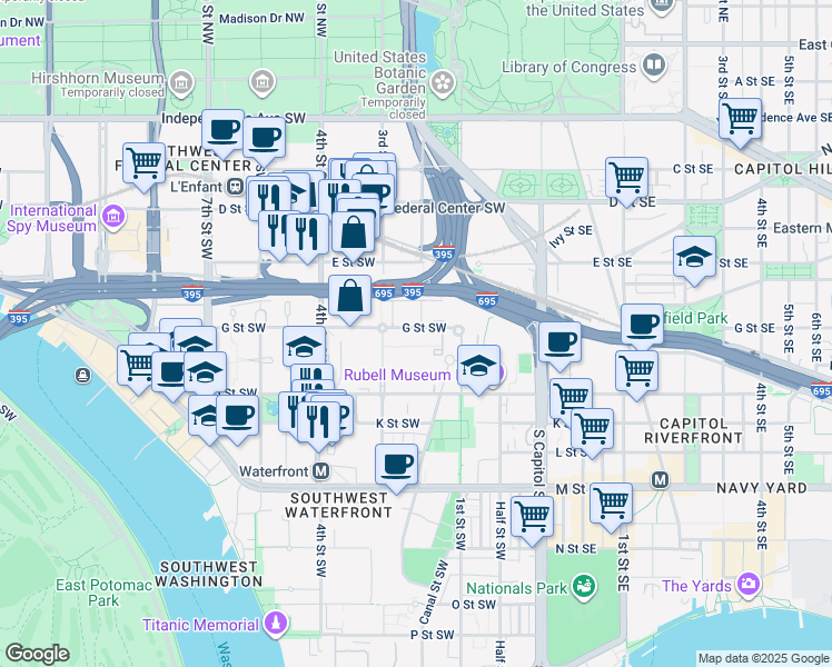 map of restaurants, bars, coffee shops, grocery stores, and more near 101 Independence Avenue Southeast in Washington