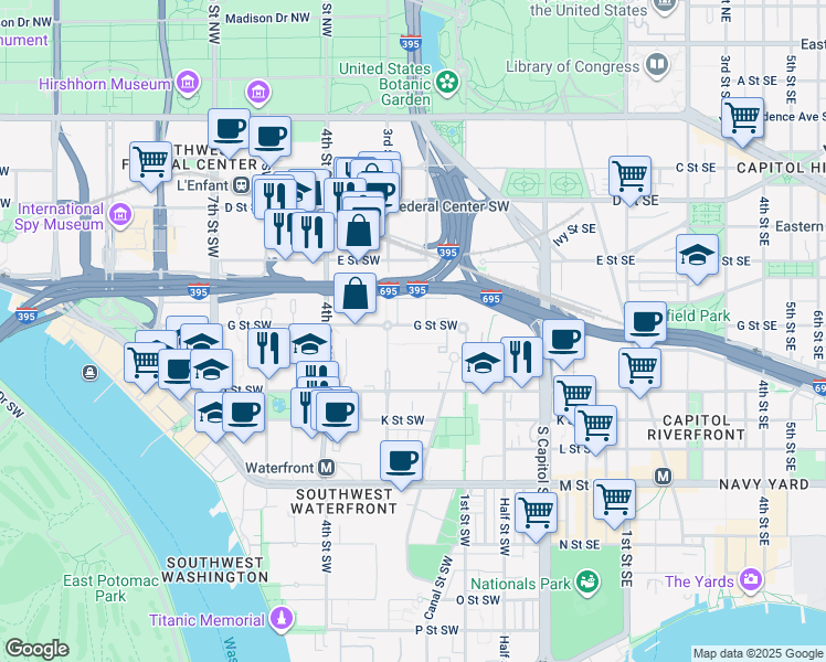 map of restaurants, bars, coffee shops, grocery stores, and more near 226 G Street Southwest in Washington