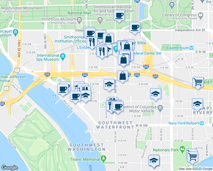 map of restaurants, bars, coffee shops, grocery stores, and more near 101 Independence Avenue Southeast in Washington