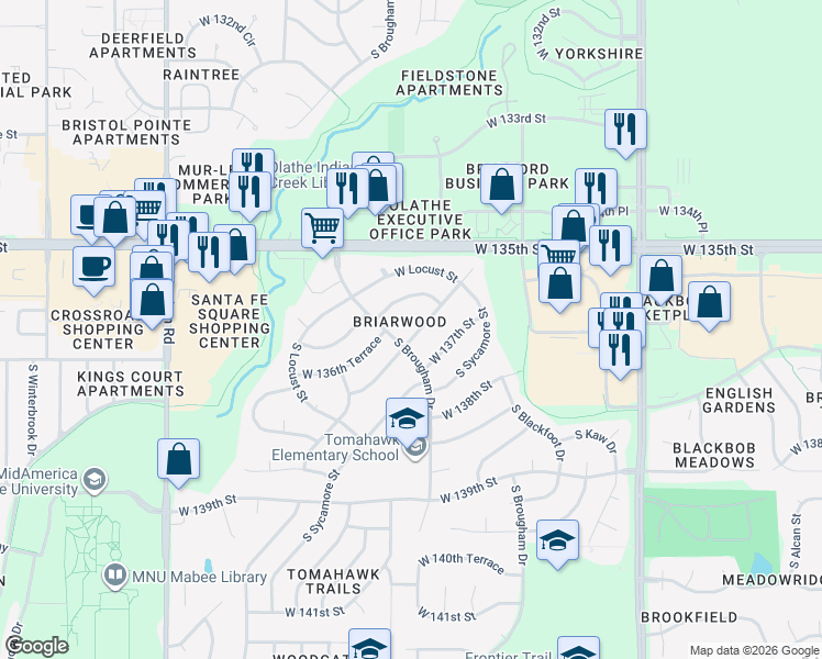 map of restaurants, bars, coffee shops, grocery stores, and more near 15832 West Beckett Lane in Olathe
