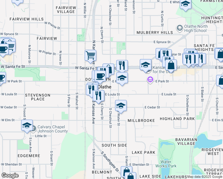 map of restaurants, bars, coffee shops, grocery stores, and more near 110 South Chestnut Street in Olathe