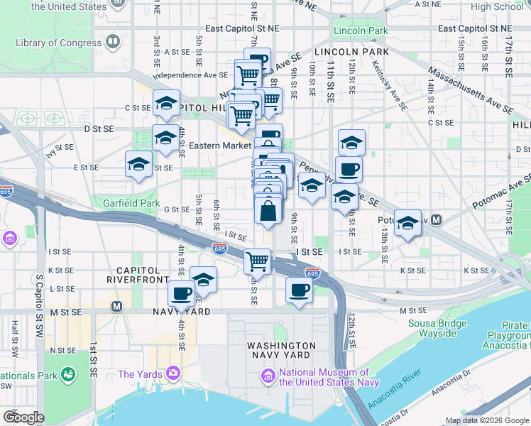 map of restaurants, bars, coffee shops, grocery stores, and more near 101 Independence Avenue Southeast in Washington