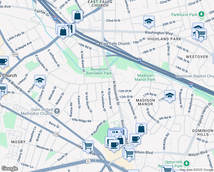 map of restaurants, bars, coffee shops, grocery stores, and more near 1404 North Sycamore Street in Arlington