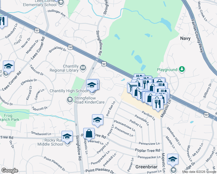 map of restaurants, bars, coffee shops, grocery stores, and more near 13290 Leafcrest Lane in Fairfax