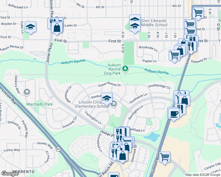 map of restaurants, bars, coffee shops, grocery stores, and more near 1407 Green Ravine Drive in Lincoln
