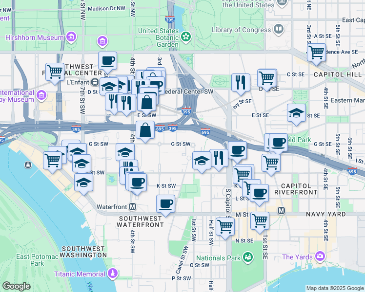 map of restaurants, bars, coffee shops, grocery stores, and more near 158 G Street Southwest in Washington