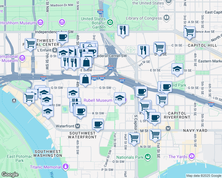 map of restaurants, bars, coffee shops, grocery stores, and more near 101 Independence Avenue Southeast in Washington
