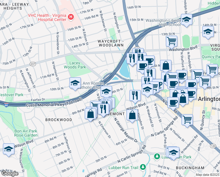 map of restaurants, bars, coffee shops, grocery stores, and more near 4842 Fairfax Drive in Arlington