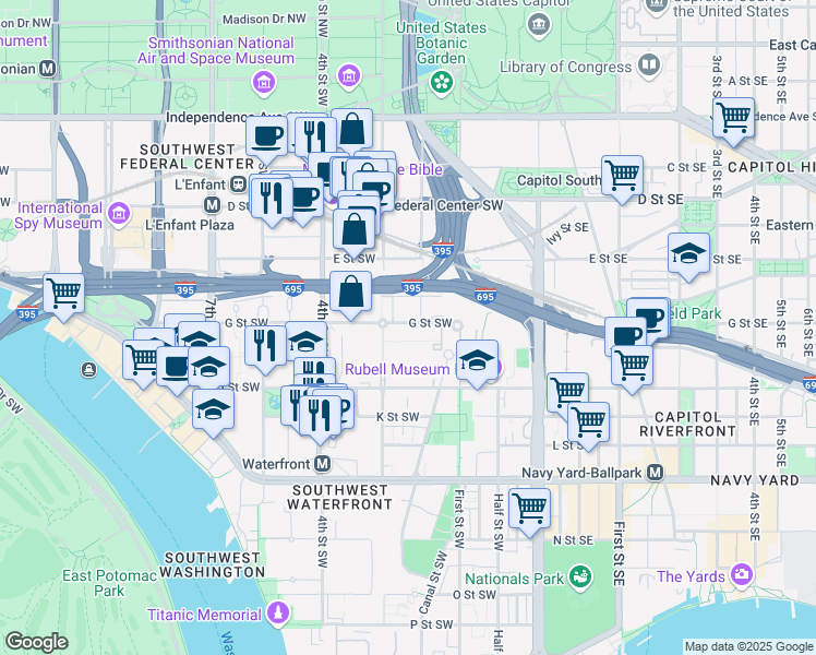 map of restaurants, bars, coffee shops, grocery stores, and more near 226 G Street Southwest in Washington