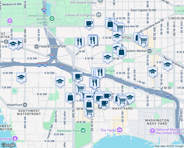 map of restaurants, bars, coffee shops, grocery stores, and more near 701 New Jersey Avenue Southeast in Washington
