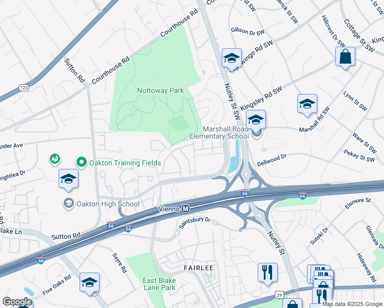 map of restaurants, bars, coffee shops, grocery stores, and more near 2714 Chanbourne Way in Vienna