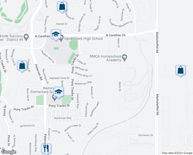 map of restaurants, bars, coffee shops, grocery stores, and more near 3532 Bucking Bronco Court in Colorado Springs