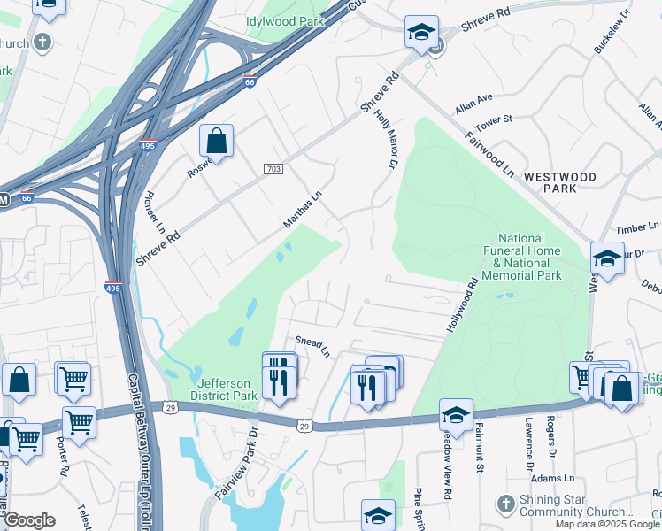 map of restaurants, bars, coffee shops, grocery stores, and more near 2686 Hillsman Street in Falls Church